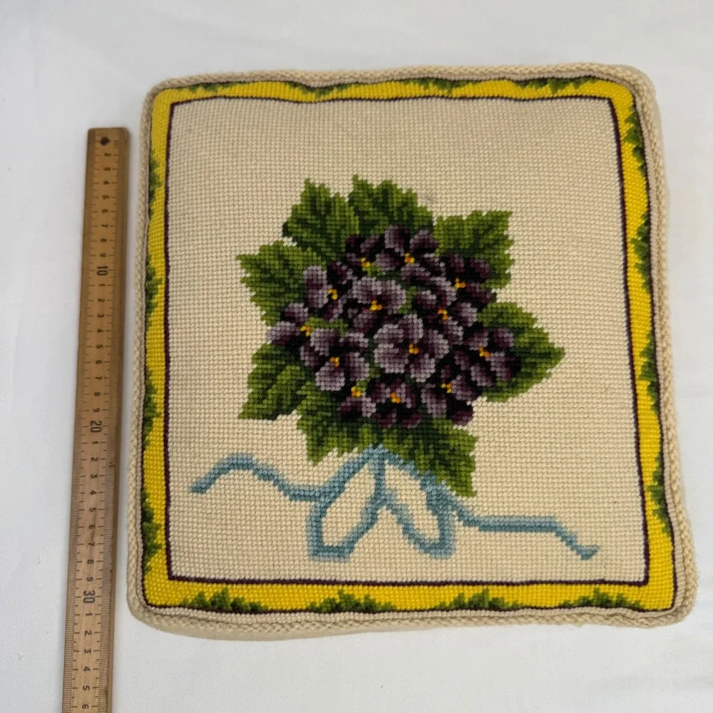Vintage Needlepoint Violet Floral Throw Pillow Purple Yellow Velvet Back 12in